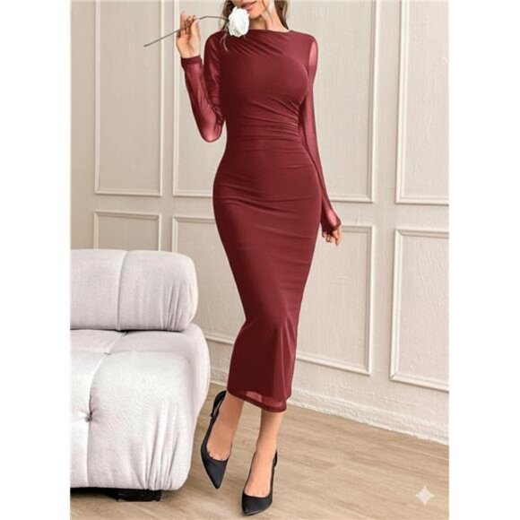 Women's Long Sleeve Dress Elegant Classy wine Red - Picture 7 of 7